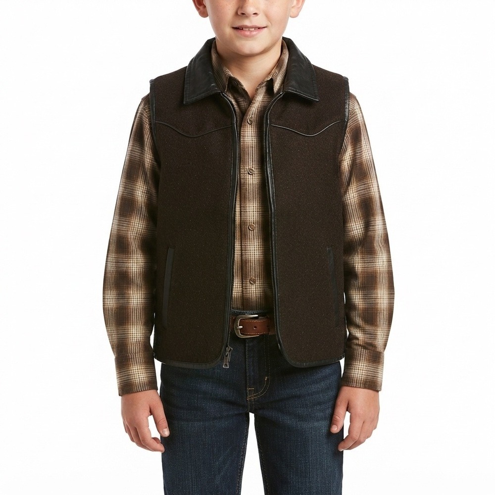 Cody James Vest Boys XL Brown Wool Blend Western Vest Faux Leather Trim CBFA19V7